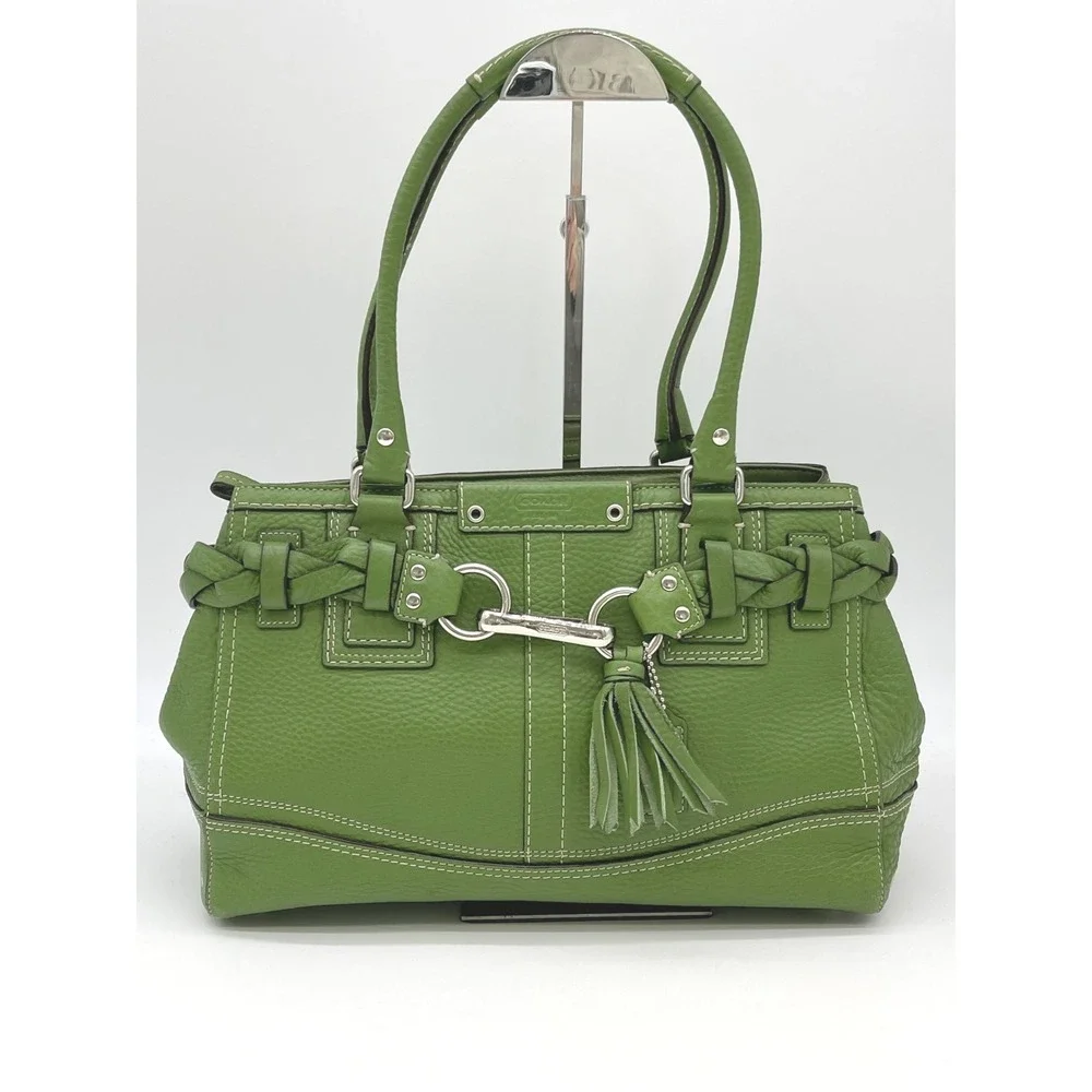 Coach Hamptons Pebble Leather Satchel Green F13084 Braided Boho Indie